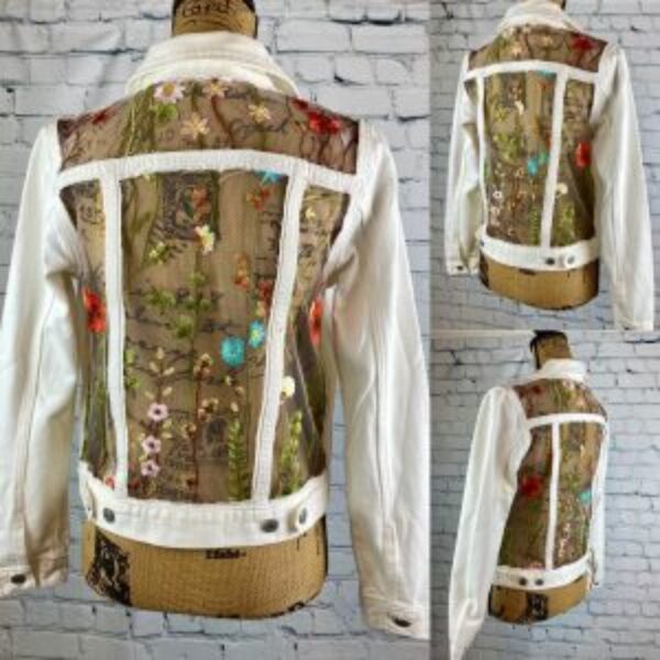 Upcycled One of a Kind Levi Jean Jacket/Embroidered Tulle Lace