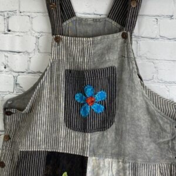 RI Artwork Striped/Flower Applique Overalls
