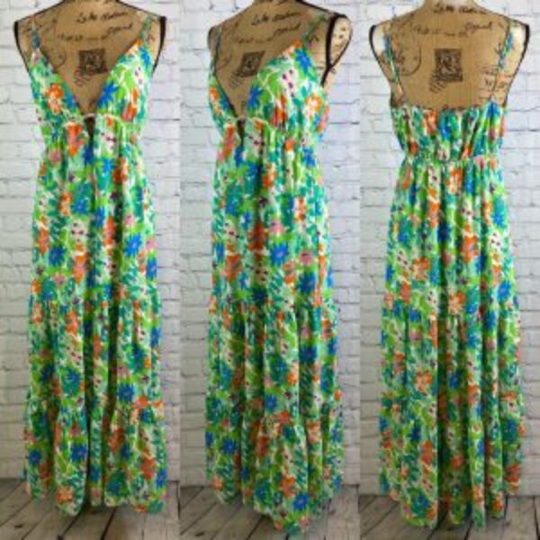 She + Sky Green Floral Plunge Front Multi Tier Maxi