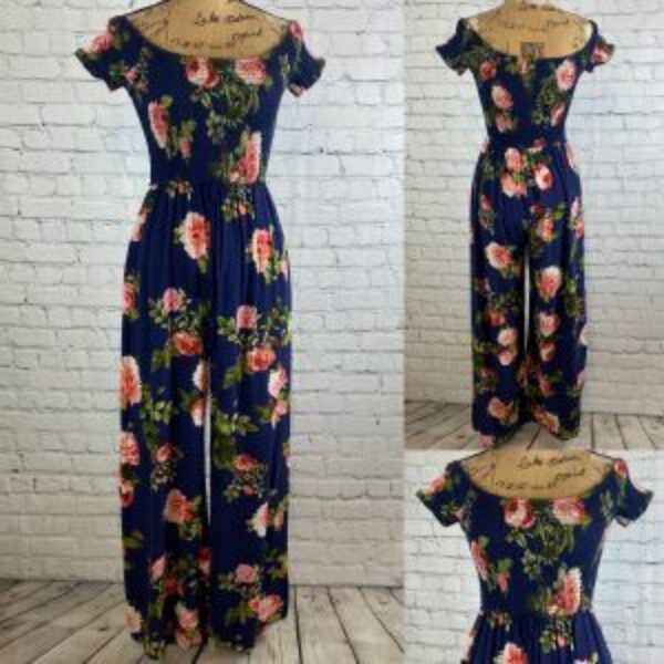 Band of Gypsies Blue Floral Off Shoulder Elastic Bodice Wide Leg Jumpsuit