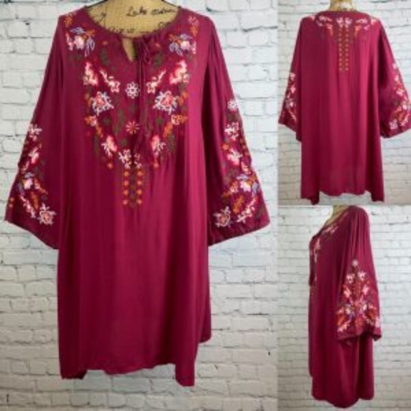 Umgee Burgandy Tassel Tie Embroidered Flare Sleeve Dress/Tunic