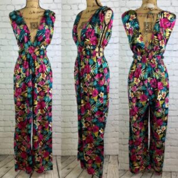 Indulge Floral Print Plunge Neck Side Cutout Jumpsuit