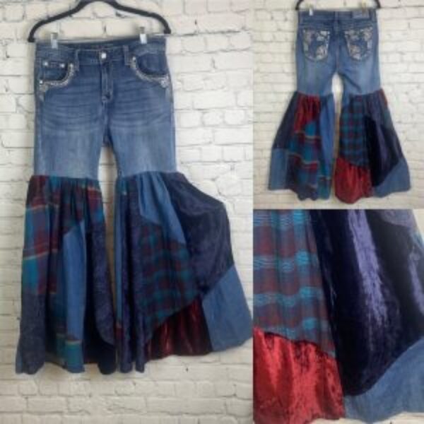 Upcycled One of a Kind Grace Jeans/Plaid/Velvet Patchwork Bell Bottoms