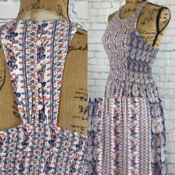 Japna Boho Floral Paisley Print Smocked Racerback Dress