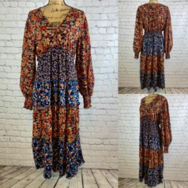 Umgee Floral Print Multi Tier Lantern Sleeve Midi Dress