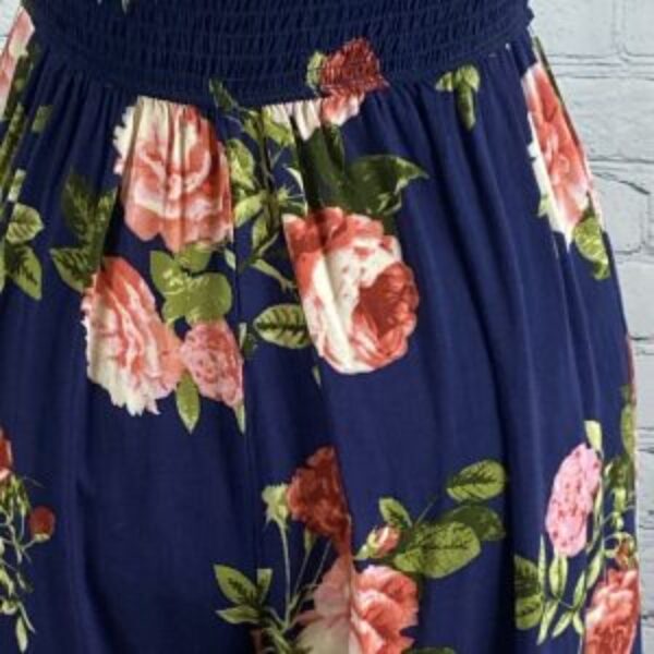 Band of Gypsies Blue Floral Off Shoulder Elastic Bodice Wide Leg Jumpsuit