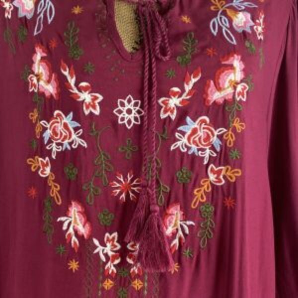Umgee Burgandy Tassel Tie Embroidered Flare Sleeve Dress/Tunic