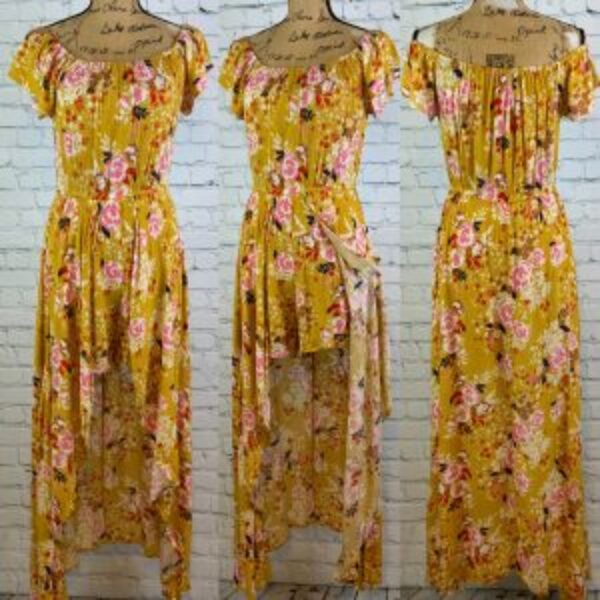 Altar’d State Crinkly Yellow Floral Off Shoulder High Lo Maxi Romper