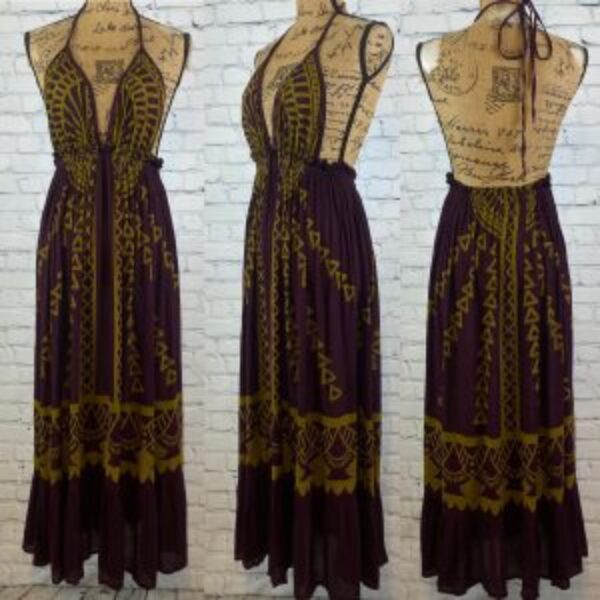Crinkly Burgandy and Gold Print Cami Open Back Maxi
