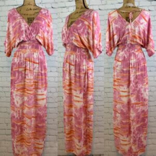 Knox Rose Pink/Orange Tie Dye Print Kimono Sleeve Maxi
