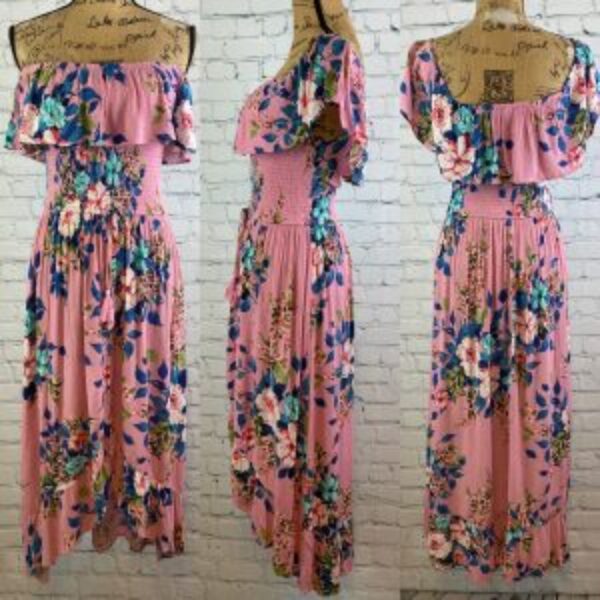 Xhilarations Crinkly Pink Floral Elastic Bodice High Lo Ruffled Hem