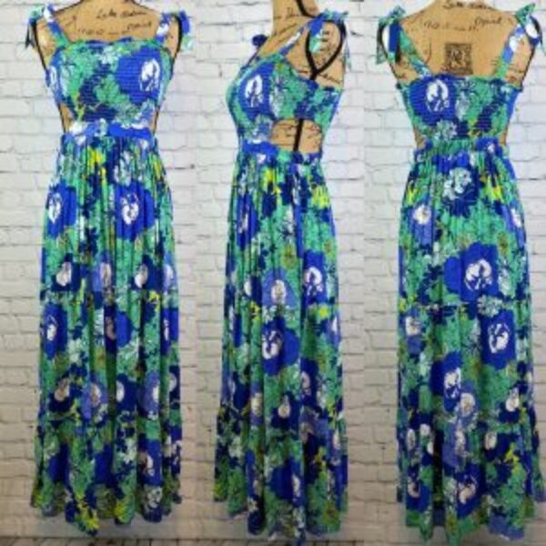 Japna Blue Floral Print Multi Tier Elastic Bodice Side Cutout Maxi