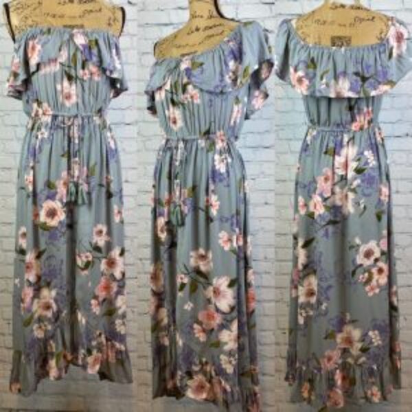 Band Of Gypsies Gray Floral Off Shoulder High Lo Dress