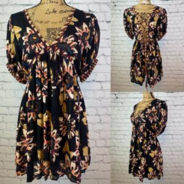 Free People BLACK ON THE EDGE Crinkly Lace up Back Romper