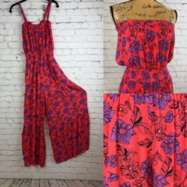 Jessica Simpson Crinkly Red/Purple Floral Wide Tier Leg Jumpsuit