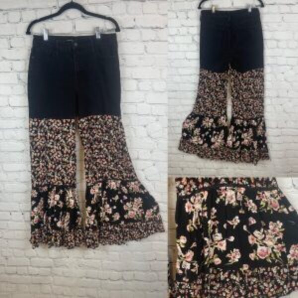One of a Kind Upcycled Black Floral Top/Black Bell Bottom Jeans